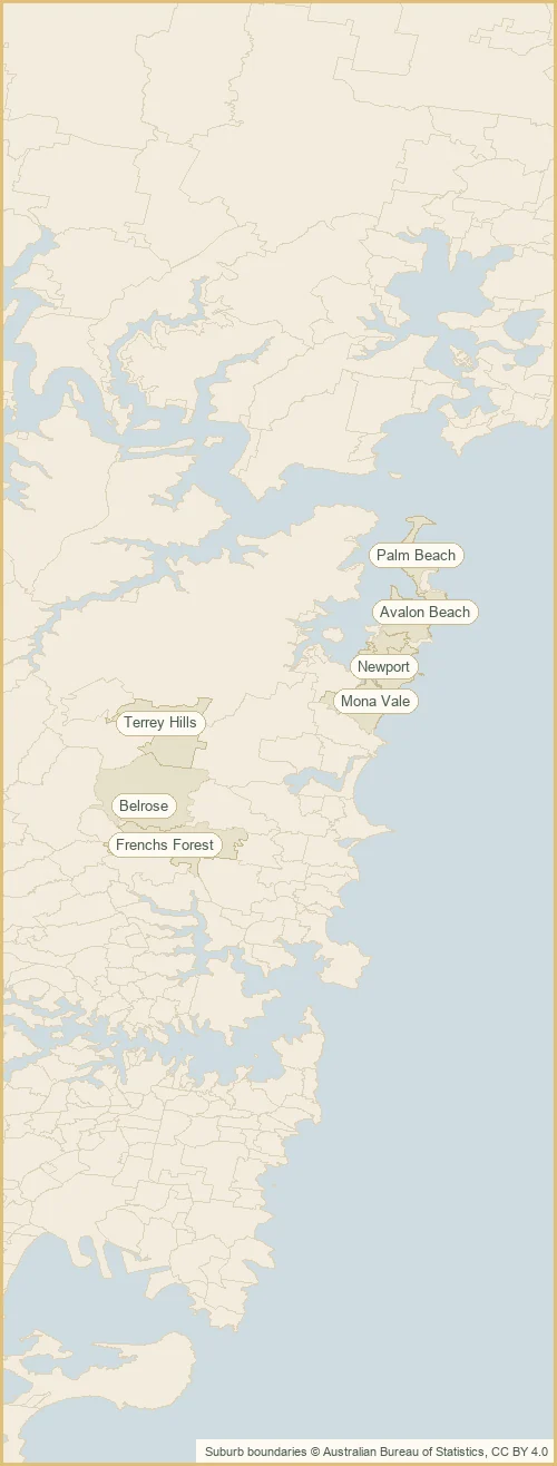 Map of the the Northern Beaches plumbing service area, with the Northern Beaches shaded and the surrounding suburbs marked: Mona Vale, Avalon Beach, Palm Beach out to Newport, Frenchs Forest, Belrose and more