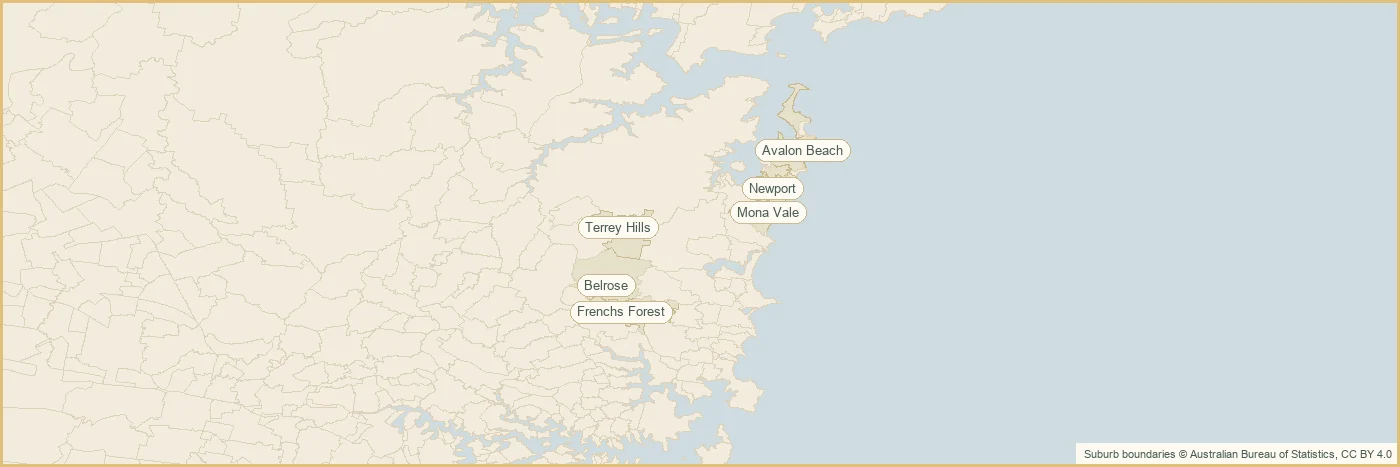 Map of the the Northern Beaches plumbing service area, covering Mona Vale, Avalon Beach, Palm Beach, Newport, Frenchs Forest, Belrose, Terrey Hills, Bilgola Plateau, Mona Vale, Avalon Beach, Palm Beach, Newport, Frenchs Forest, Belrose, Terrey Hills, Bilgola Plateau, Mona Vale, Avalon Beach and Palm Beach